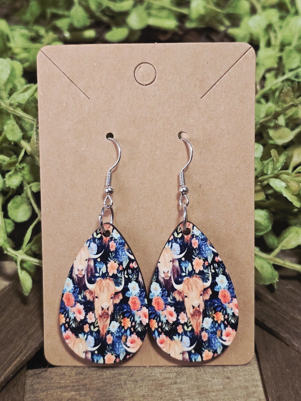 Floral Highland Cow Teardrop Earrings in Blue & Peach